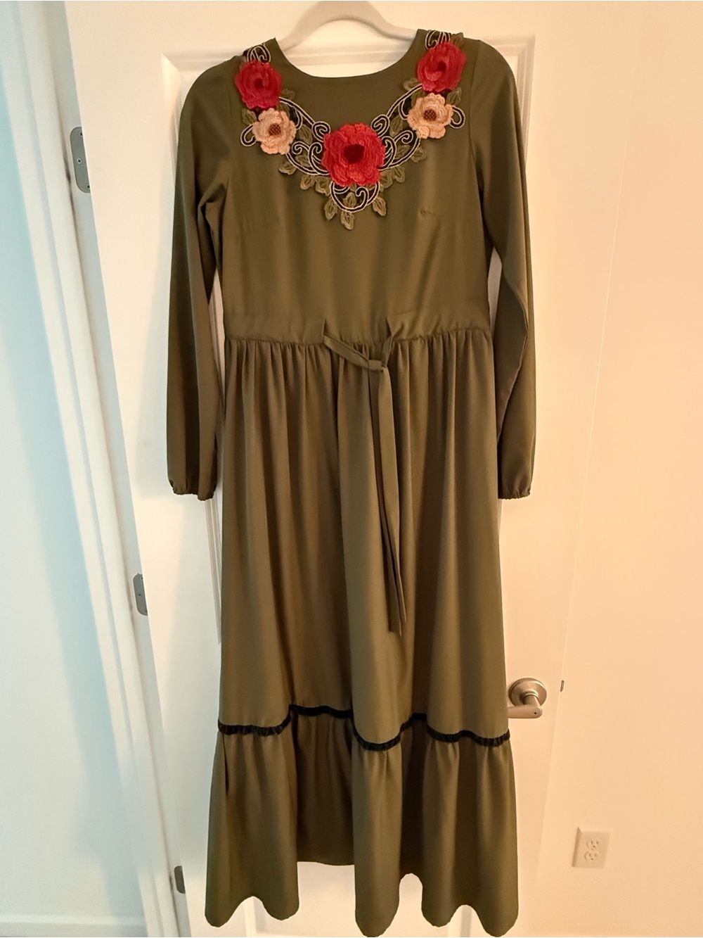 Olive Green Floral Embroidered Long Sleeve Maxi Dress